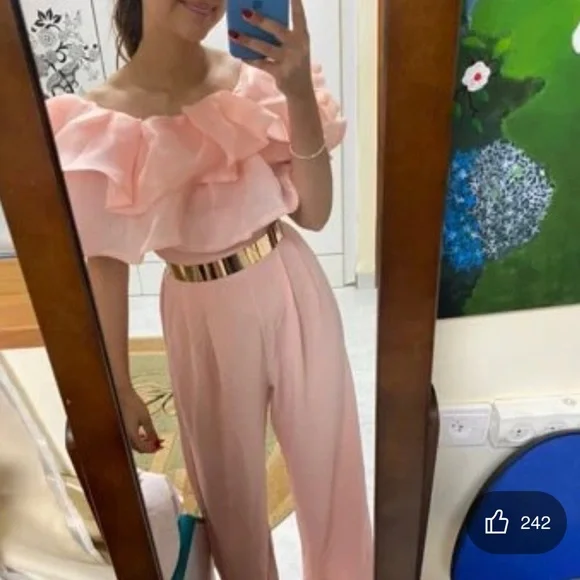 SHEIN Privé Off Shoulder Layered Ruffle Detail Palazzo Jumpsuit - Picture 4 of 4